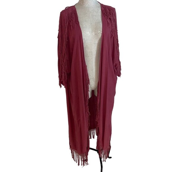 Tienda Ho Vintage Womens Fringe Duster One Size Maxi Pink Bohemian - Picture 1 of 14